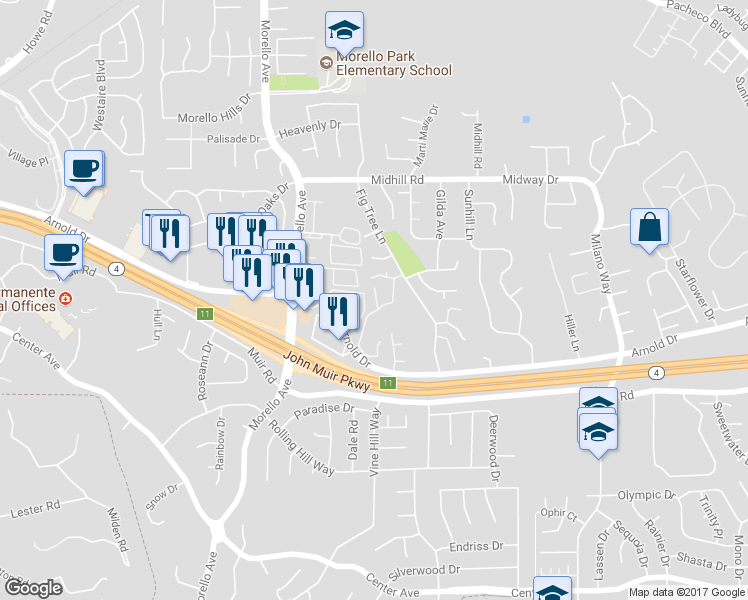 map of restaurants, bars, coffee shops, grocery stores, and more near 358 Eastgate Lane in Martinez