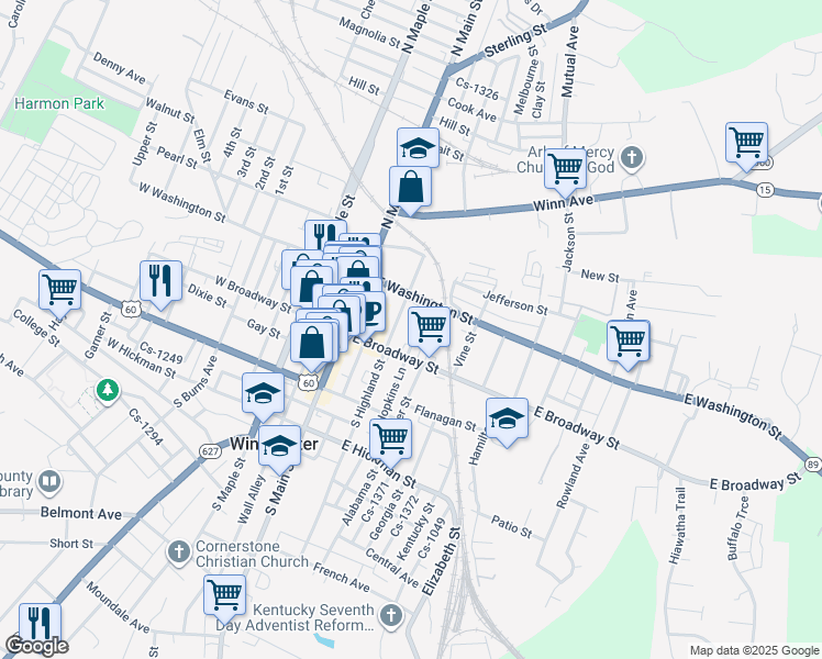 map of restaurants, bars, coffee shops, grocery stores, and more near 119 Hopkins Lane in Winchester