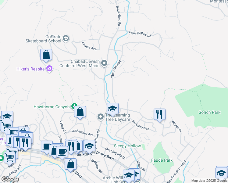 map of restaurants, bars, coffee shops, grocery stores, and more near 186 The Alameda in San Anselmo