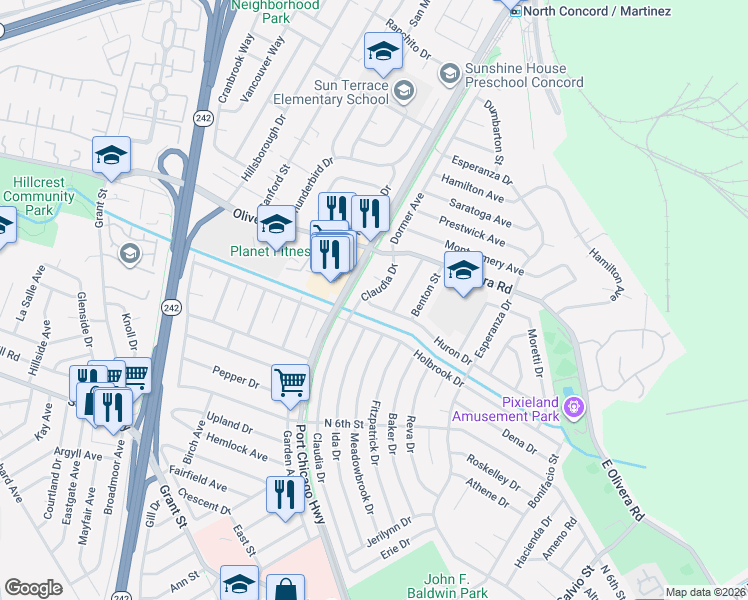 map of restaurants, bars, coffee shops, grocery stores, and more near 3318 Claudia Drive in Concord