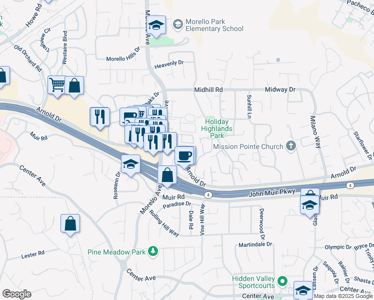 map of restaurants, bars, coffee shops, grocery stores, and more near 1241 Arnold Drive in Martinez