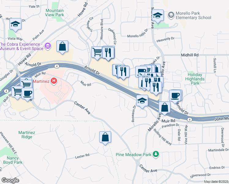 map of restaurants, bars, coffee shops, grocery stores, and more near 1347 Hull Lane in Martinez