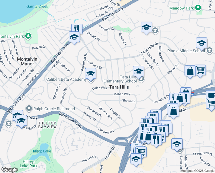 map of restaurants, bars, coffee shops, grocery stores, and more near 2745 Kevin Road in San Pablo