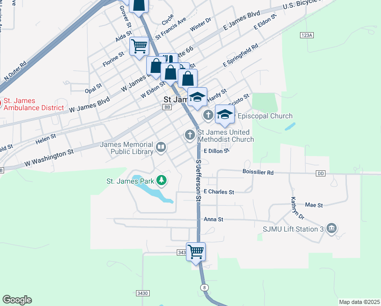 map of restaurants, bars, coffee shops, grocery stores, and more near 405 South Meramec Street in Saint James
