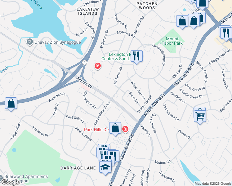 map of restaurants, bars, coffee shops, grocery stores, and more near 2393 Alumni Drive in Lexington