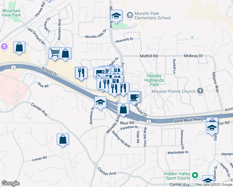 map of restaurants, bars, coffee shops, grocery stores, and more near 1190 Arnold Drive in Martinez