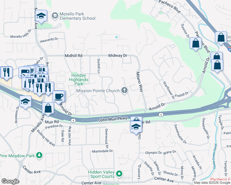 map of restaurants, bars, coffee shops, grocery stores, and more near 184 Holiday Hills Drive in Martinez