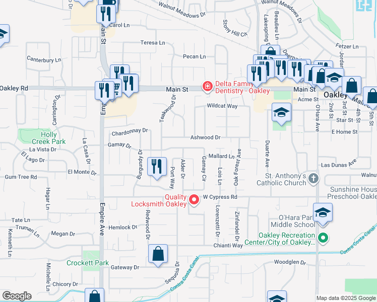 map of restaurants, bars, coffee shops, grocery stores, and more near 1681 Gamay Circle in Oakley