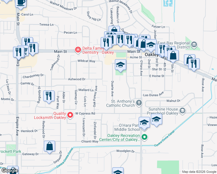map of restaurants, bars, coffee shops, grocery stores, and more near 4645 Duarte Avenue in Oakley
