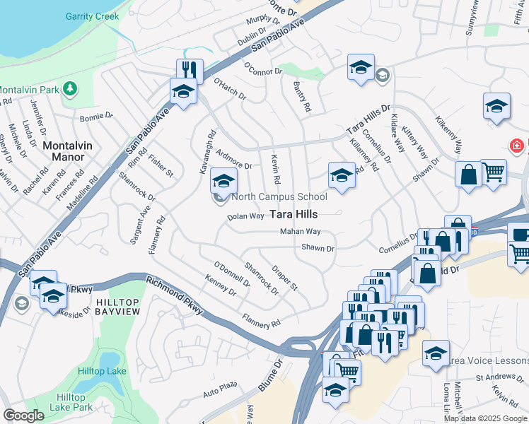 map of restaurants, bars, coffee shops, grocery stores, and more near 2745 Kevin Road in San Pablo