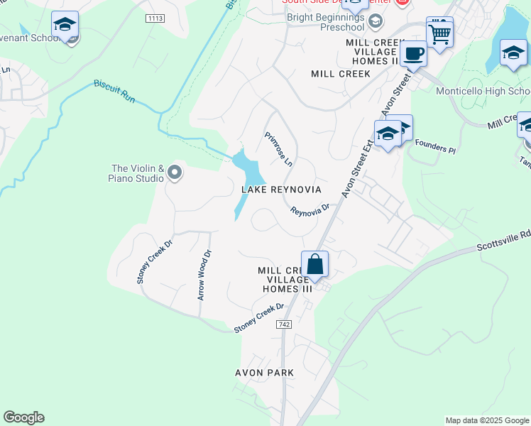 map of restaurants, bars, coffee shops, grocery stores, and more near 217 Blackthorn Lane in Charlottesville