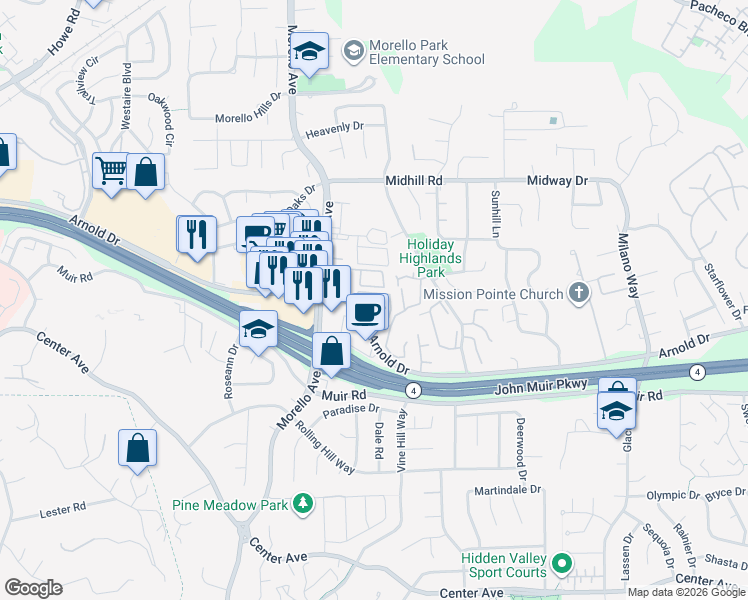 map of restaurants, bars, coffee shops, grocery stores, and more near 1315 Arnold Drive in Martinez
