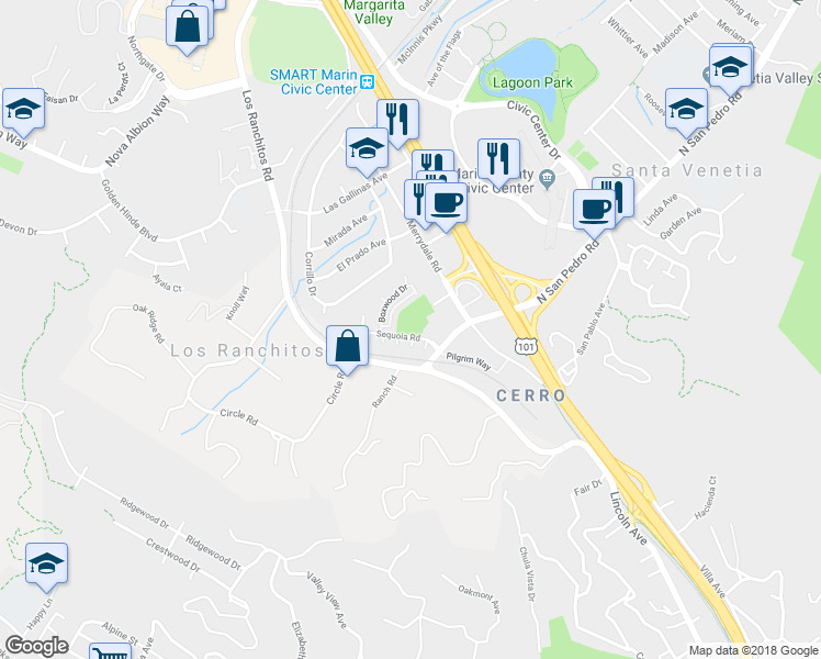 map of restaurants, bars, coffee shops, grocery stores, and more near 20 Sequoia Road in San Rafael