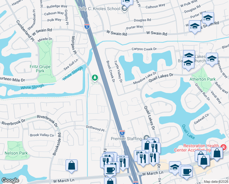 map of restaurants, bars, coffee shops, grocery stores, and more near 5625 Brush Creek Drive in Stockton