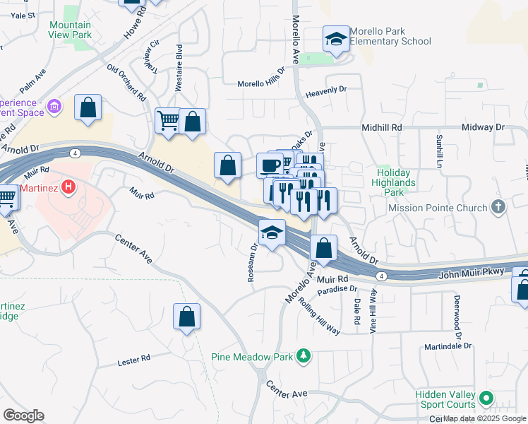 map of restaurants, bars, coffee shops, grocery stores, and more near 1150-1160 Arnold Drive in Martinez