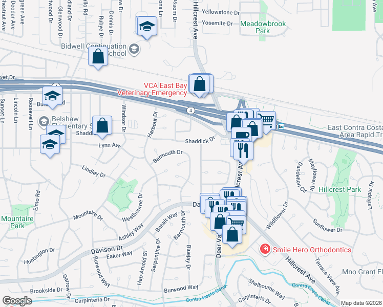 map of restaurants, bars, coffee shops, grocery stores, and more near 3055 Barmouth Drive in Antioch