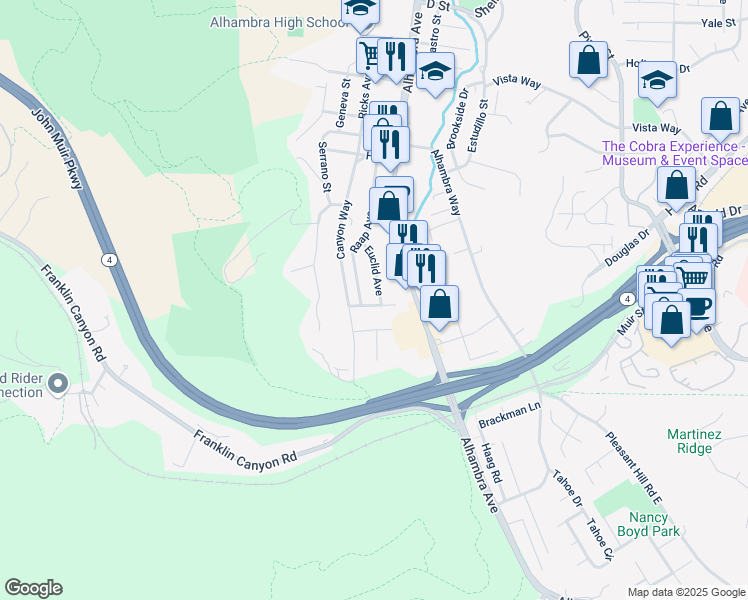 map of restaurants, bars, coffee shops, grocery stores, and more near 341 Arroyo Drive in Martinez