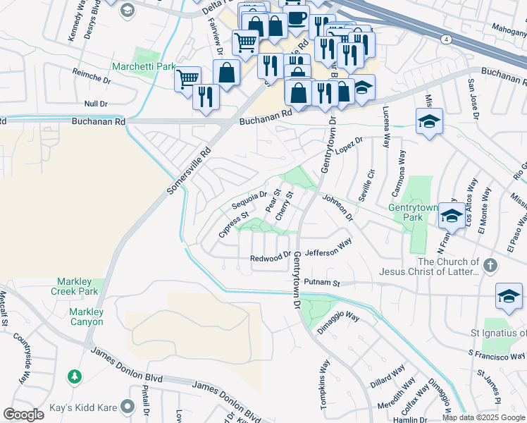map of restaurants, bars, coffee shops, grocery stores, and more near 3030 Pear Street in Antioch