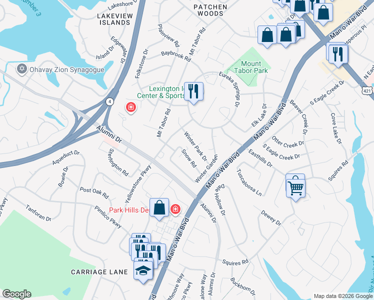 map of restaurants, bars, coffee shops, grocery stores, and more near 2829 Snow Road in Lexington