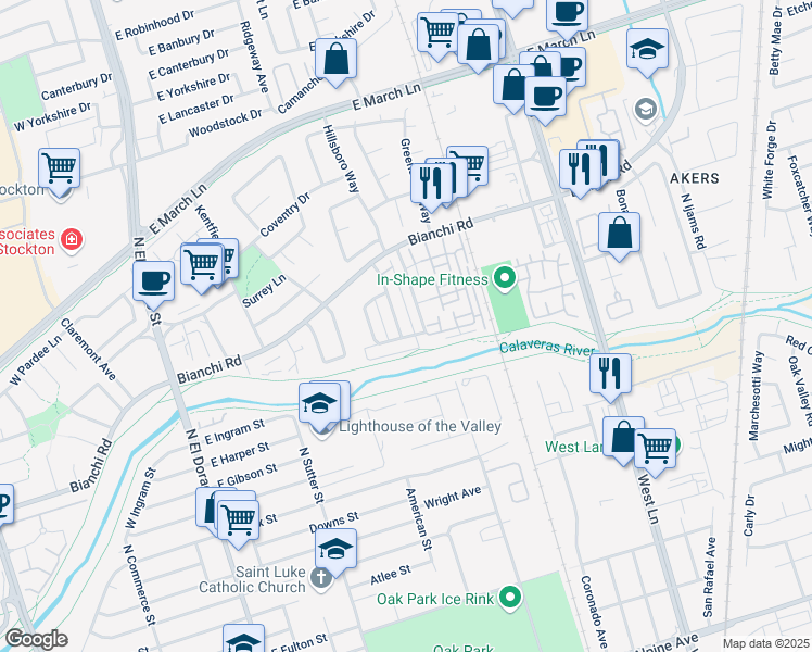 map of restaurants, bars, coffee shops, grocery stores, and more near 4410 Calandria Street in Stockton