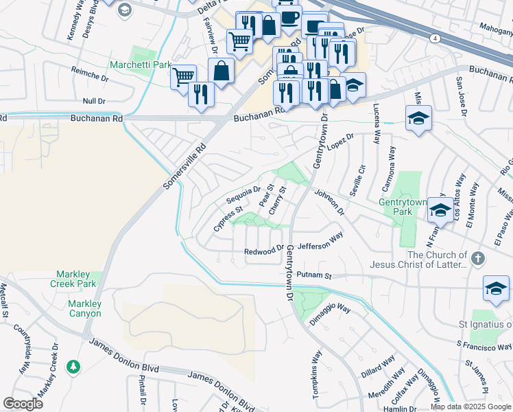 map of restaurants, bars, coffee shops, grocery stores, and more near 3030 Pear Street in Antioch
