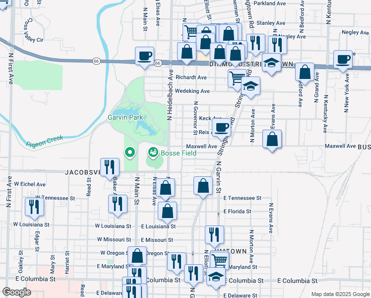 map of restaurants, bars, coffee shops, grocery stores, and more near 303 Maxwell Avenue in Evansville