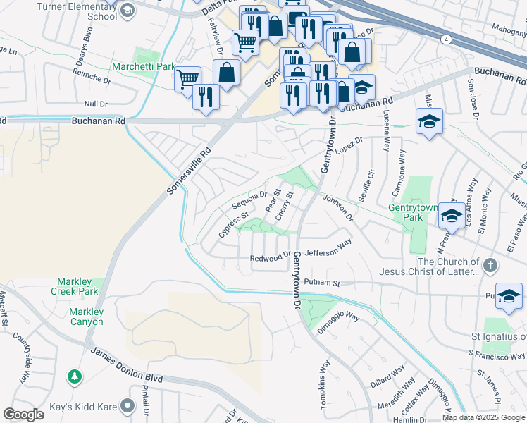map of restaurants, bars, coffee shops, grocery stores, and more near 3030 Pear Street in Antioch
