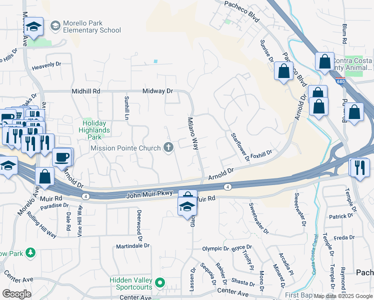 map of restaurants, bars, coffee shops, grocery stores, and more near 5015 Hiller Lane in Martinez