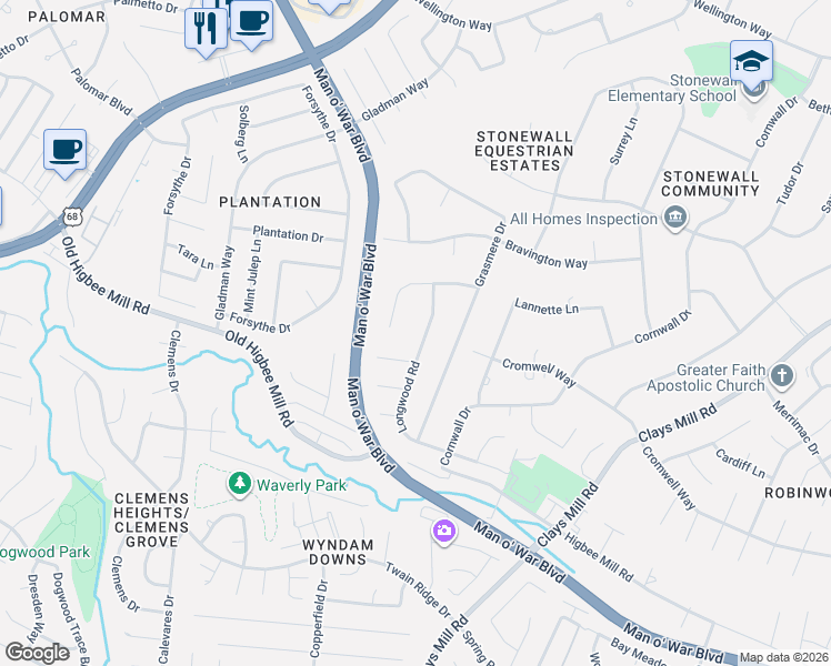 map of restaurants, bars, coffee shops, grocery stores, and more near 775 Longwood Road in Lexington