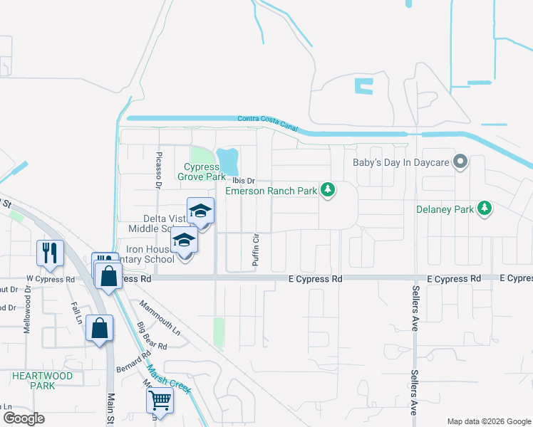 map of restaurants, bars, coffee shops, grocery stores, and more near 373 Parkfield Way in Oakley