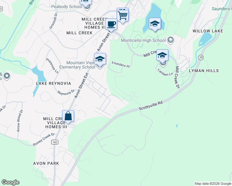 map of restaurants, bars, coffee shops, grocery stores, and more near Mary Jackson Court in Albemarle County
