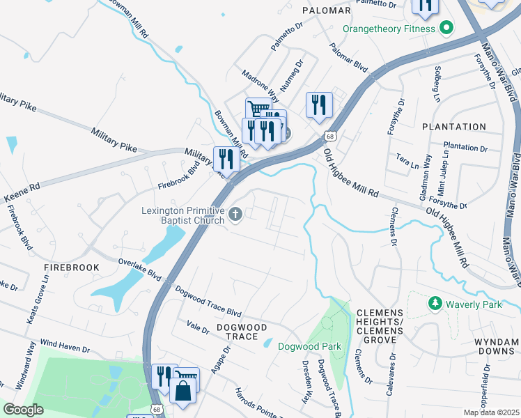 map of restaurants, bars, coffee shops, grocery stores, and more near 4500 Old Schoolhouse Lane in Lexington