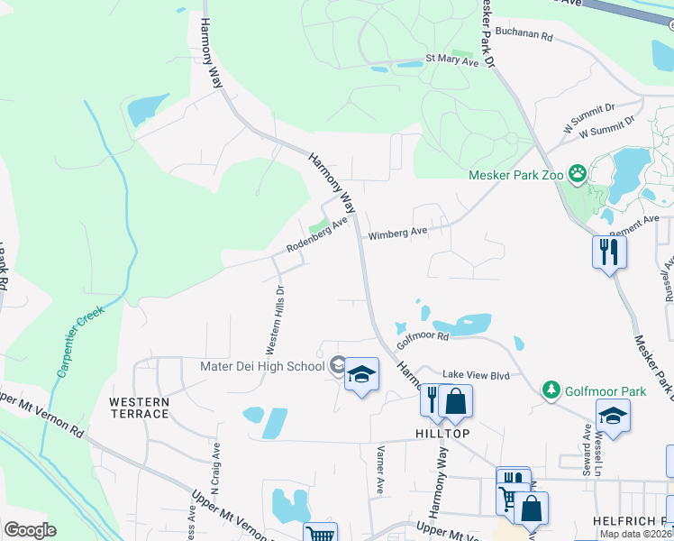 map of restaurants, bars, coffee shops, grocery stores, and more near 1600 Harmony Way in Evansville