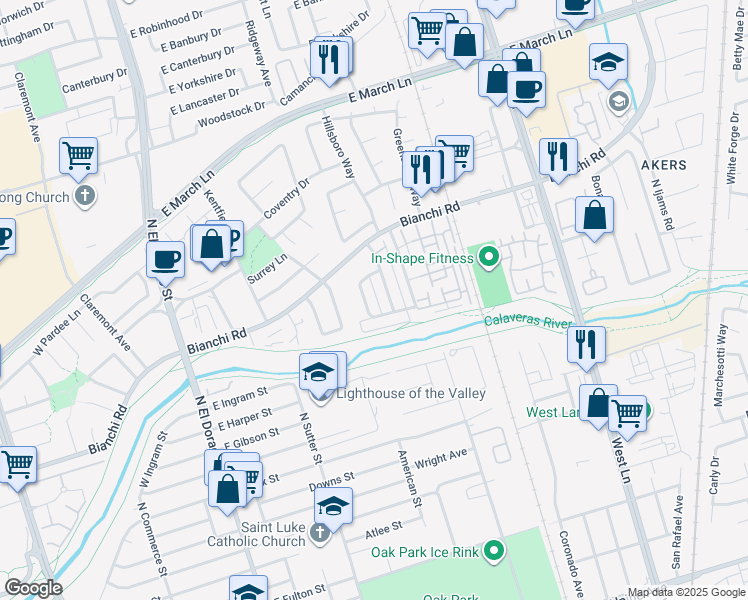 map of restaurants, bars, coffee shops, grocery stores, and more near 4420 La Cresta Way in Stockton
