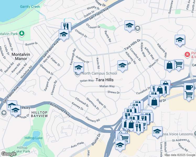 map of restaurants, bars, coffee shops, grocery stores, and more near 2745 Kevin Road in San Pablo