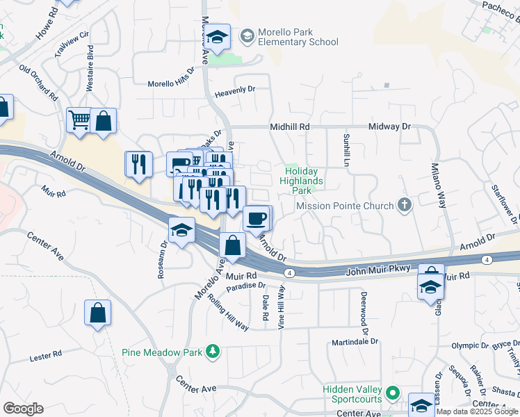 map of restaurants, bars, coffee shops, grocery stores, and more near 1241 Arnold Drive in Martinez
