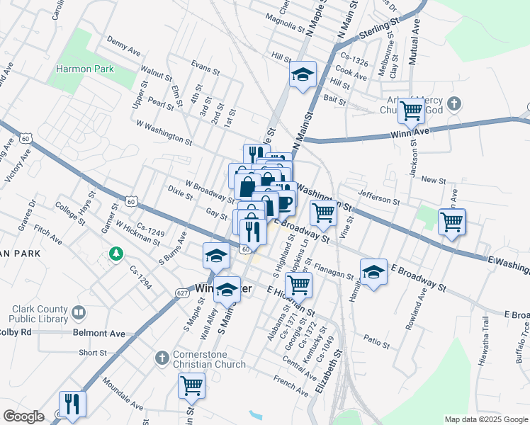 map of restaurants, bars, coffee shops, grocery stores, and more near 14 North Main Street in Winchester