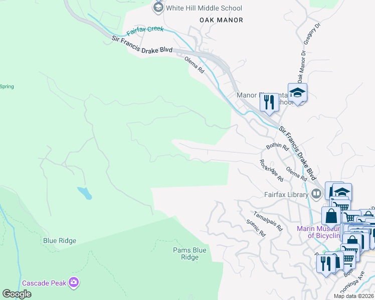 map of restaurants, bars, coffee shops, grocery stores, and more near 201 Bothin Road in Fairfax