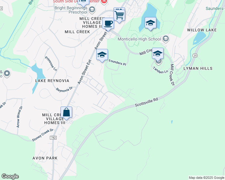 map of restaurants, bars, coffee shops, grocery stores, and more near Mary Jackson Court in Albemarle County