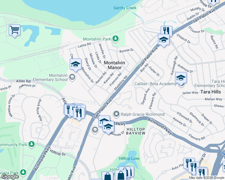 map of restaurants, bars, coffee shops, grocery stores, and more near 1203 Madeline Road in San Pablo