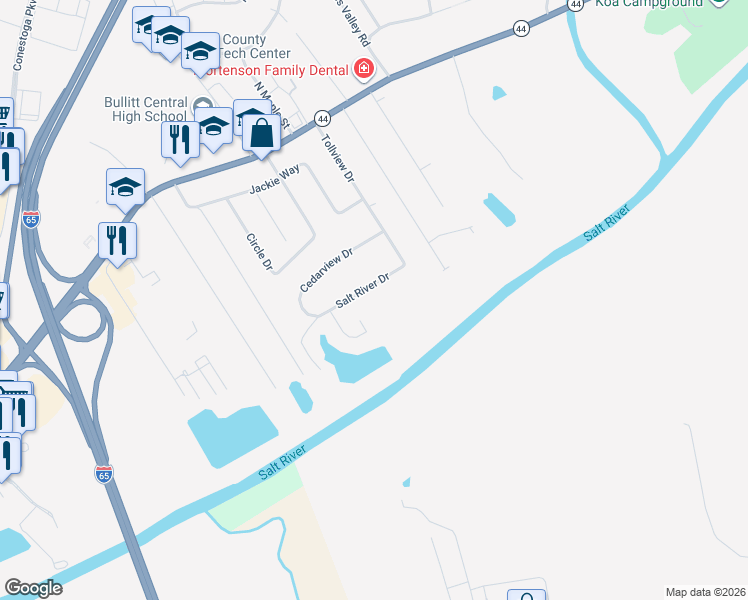 map of restaurants, bars, coffee shops, grocery stores, and more near 201 Salt River Drive in Shepherdsville