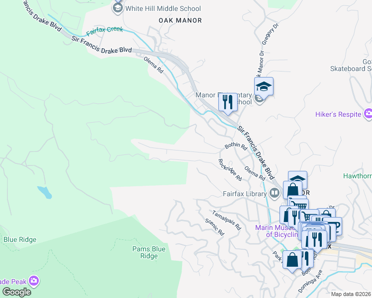 map of restaurants, bars, coffee shops, grocery stores, and more near 141 Bothin Road in Fairfax