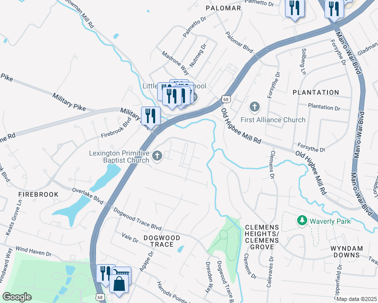 map of restaurants, bars, coffee shops, grocery stores, and more near 4500 Old Schoolhouse Lane in Lexington