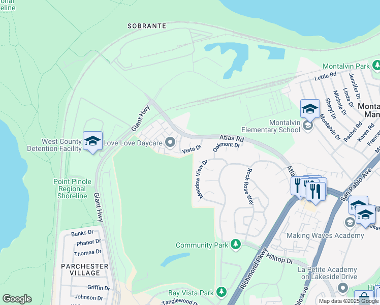 map of restaurants, bars, coffee shops, grocery stores, and more near 5612 Vista Drive in Richmond