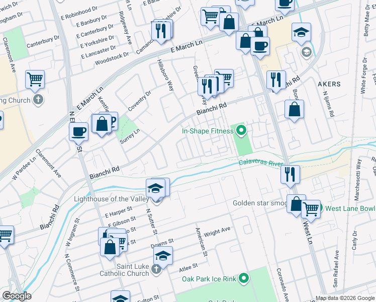 map of restaurants, bars, coffee shops, grocery stores, and more near 4415 Calandria Street in Stockton