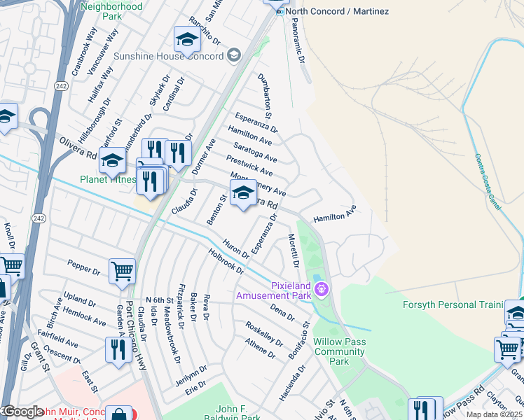 map of restaurants, bars, coffee shops, grocery stores, and more near 3367 Esperanza Drive in Concord