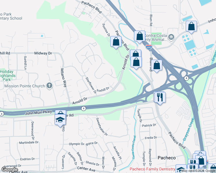 map of restaurants, bars, coffee shops, grocery stores, and more near 2254 Foxhill Drive in Martinez