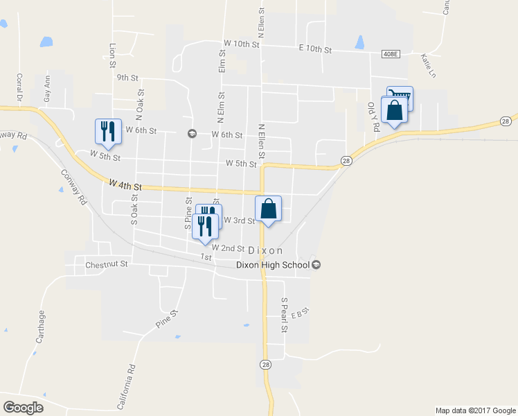 map of restaurants, bars, coffee shops, grocery stores, and more near 202 South Ellen Street in Dixon