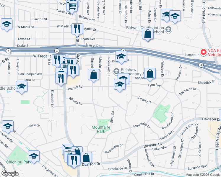 map of restaurants, bars, coffee shops, grocery stores, and more near 2901 Roosevelt Lane in Antioch