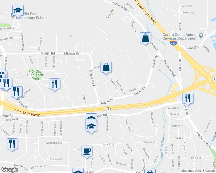 map of restaurants, bars, coffee shops, grocery stores, and more near 2058 Marazzani Drive in Martinez